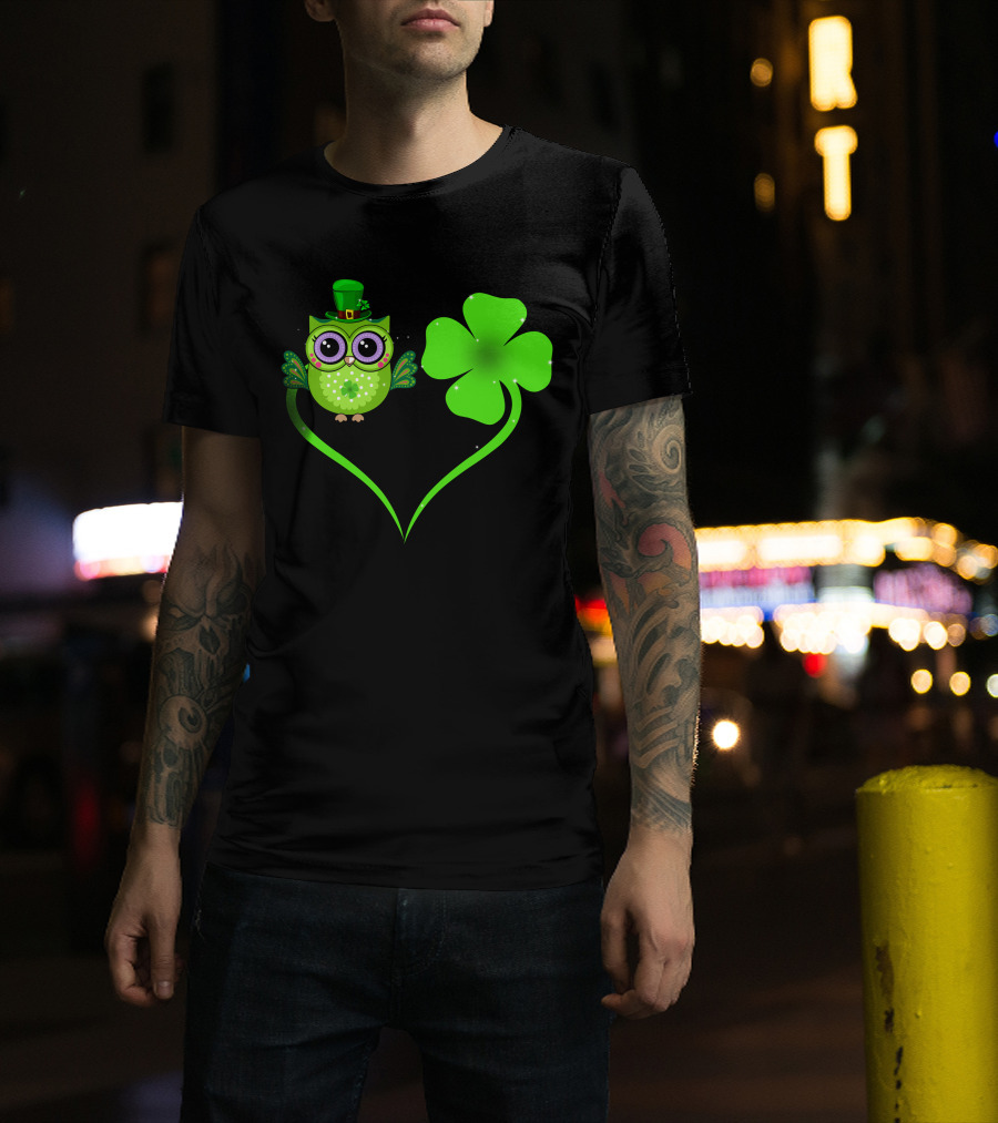 Owl 4 Clover St Patrick Heart Hat Green Sparkle T-Shirt