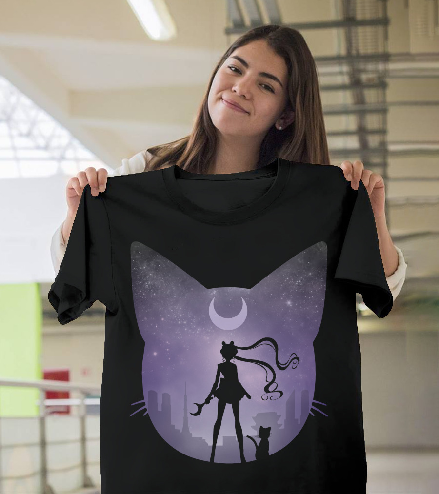 Pretty Guardian Cosmic Moon Night Silhouette with Cat and Crescent City T-Shirt