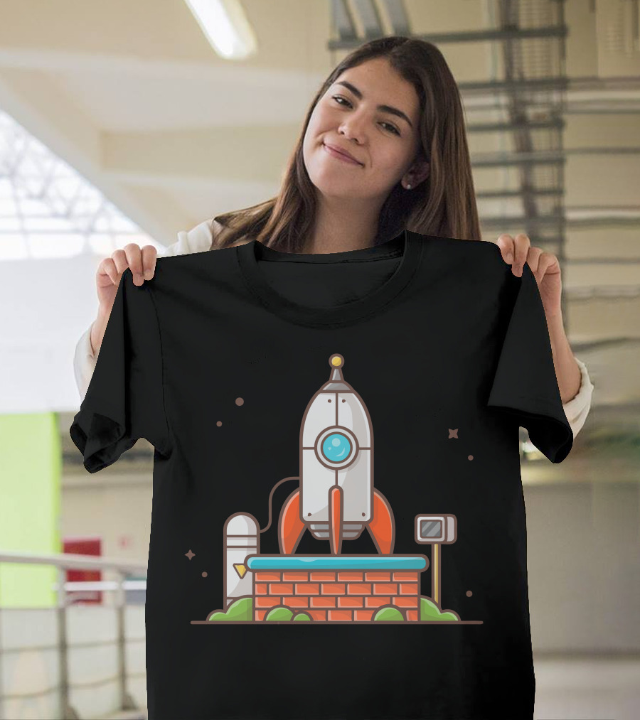 Classic Cartoon-Style Rocket Launch Platform Adventure T-Shirt
