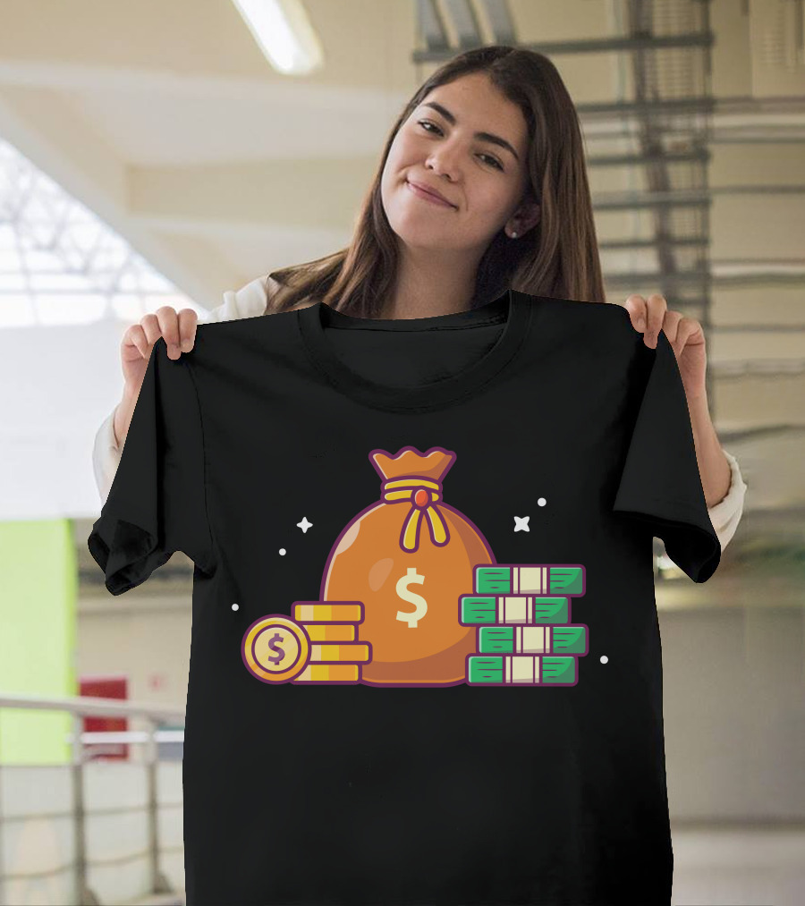 Money Bag and Stacks of Cash with Coins T-Shirt