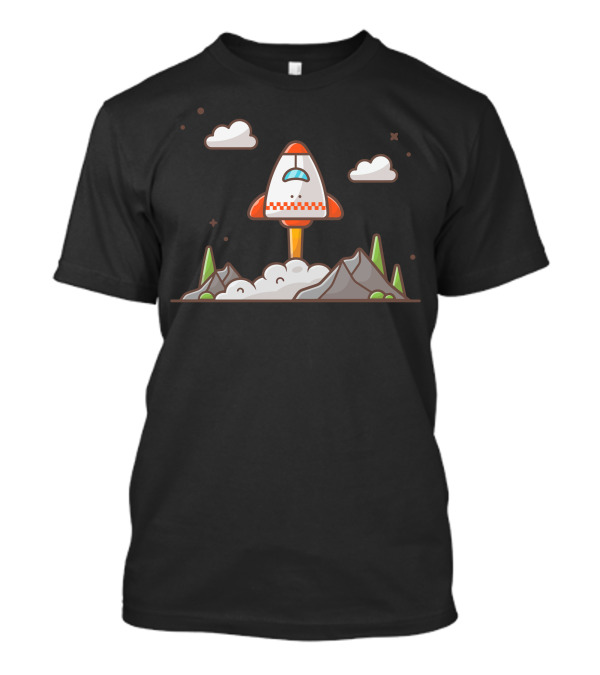 Space Shuttle Launch Amidst Clouds Over Mountain And Tree Landscape T-Shirt