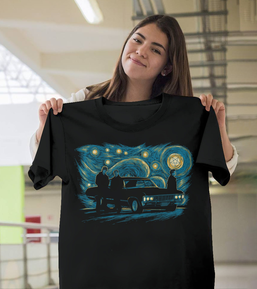 Supernatural Night Van Gogh Style with Impala Under Starry Sky T-Shirt