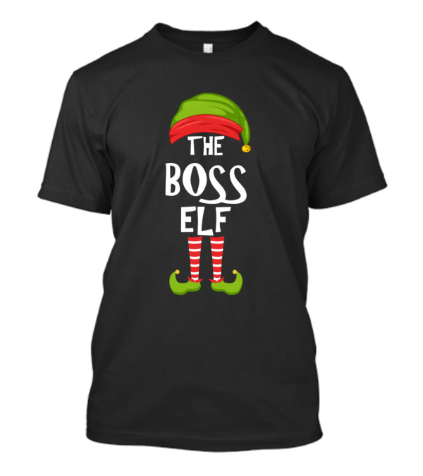 The Boss Elf Matching Family Christmas Party Hat And Striped Socks T-Shirt