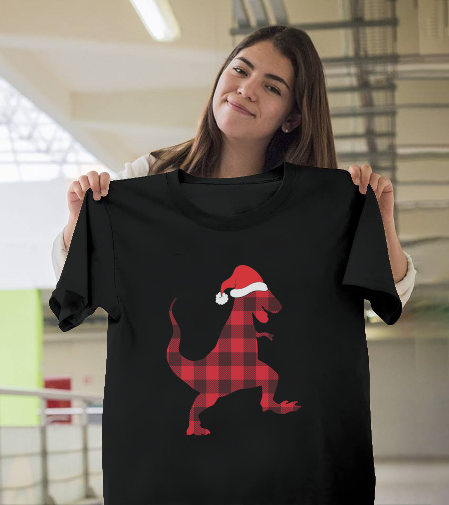 Funny Dino Plaid Santa Hat T-Shirt