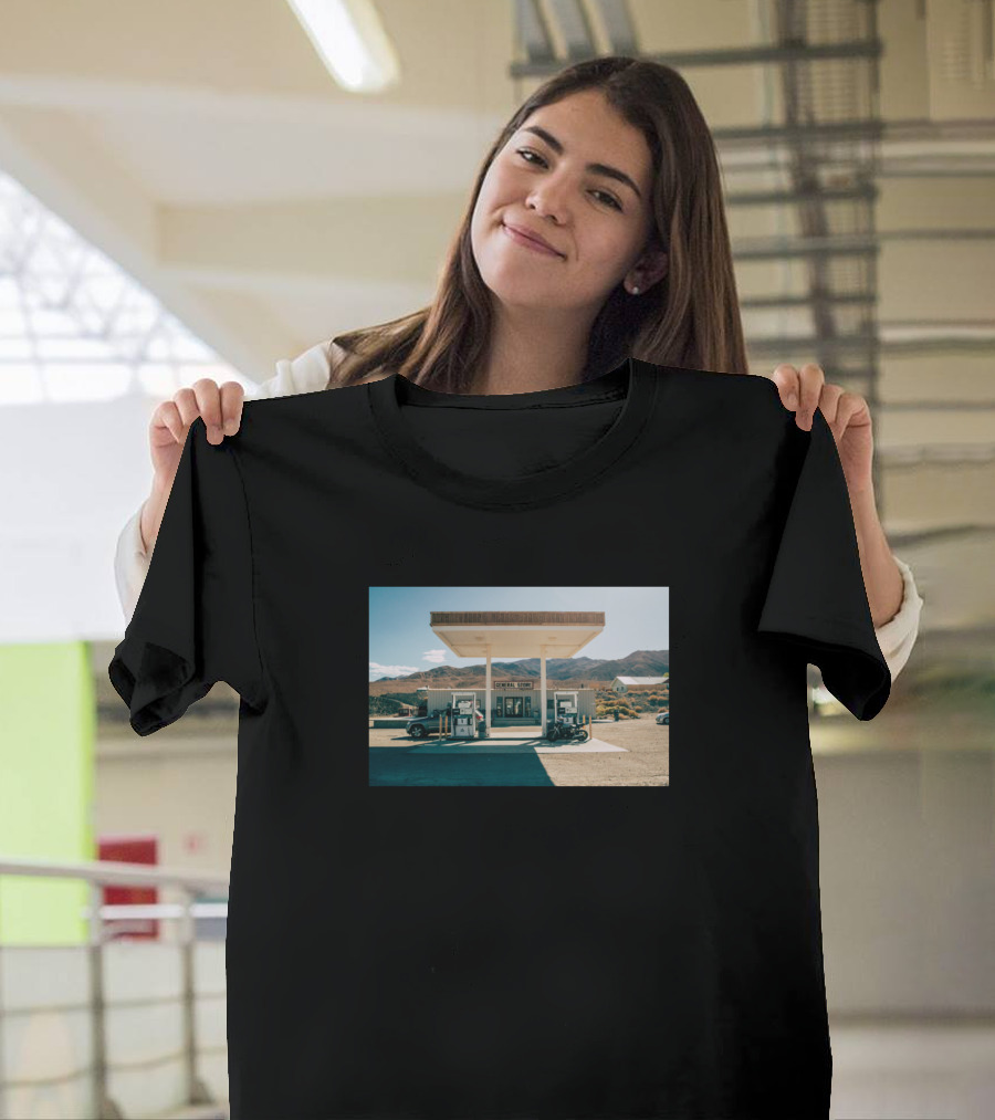 Last Stop For Gas Desert Motorcycles Retro Vintage Desert Landscape Gas Station T-Shirt