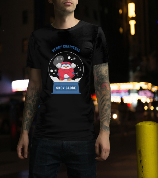 Merry Christmas Snow Globe Penguin In Scarf And Hat T-Shirt