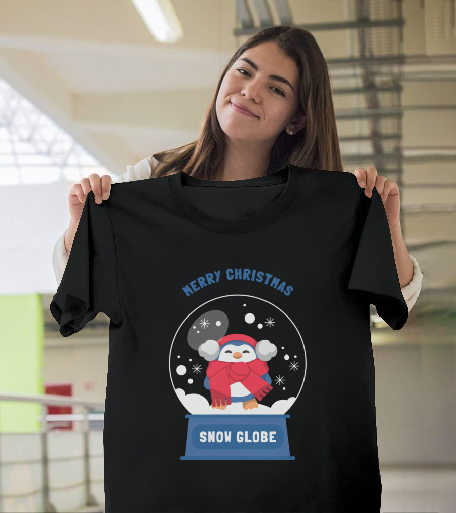 Merry Christmas Snow Globe Penguin in Scarf and Hat T-Shirt