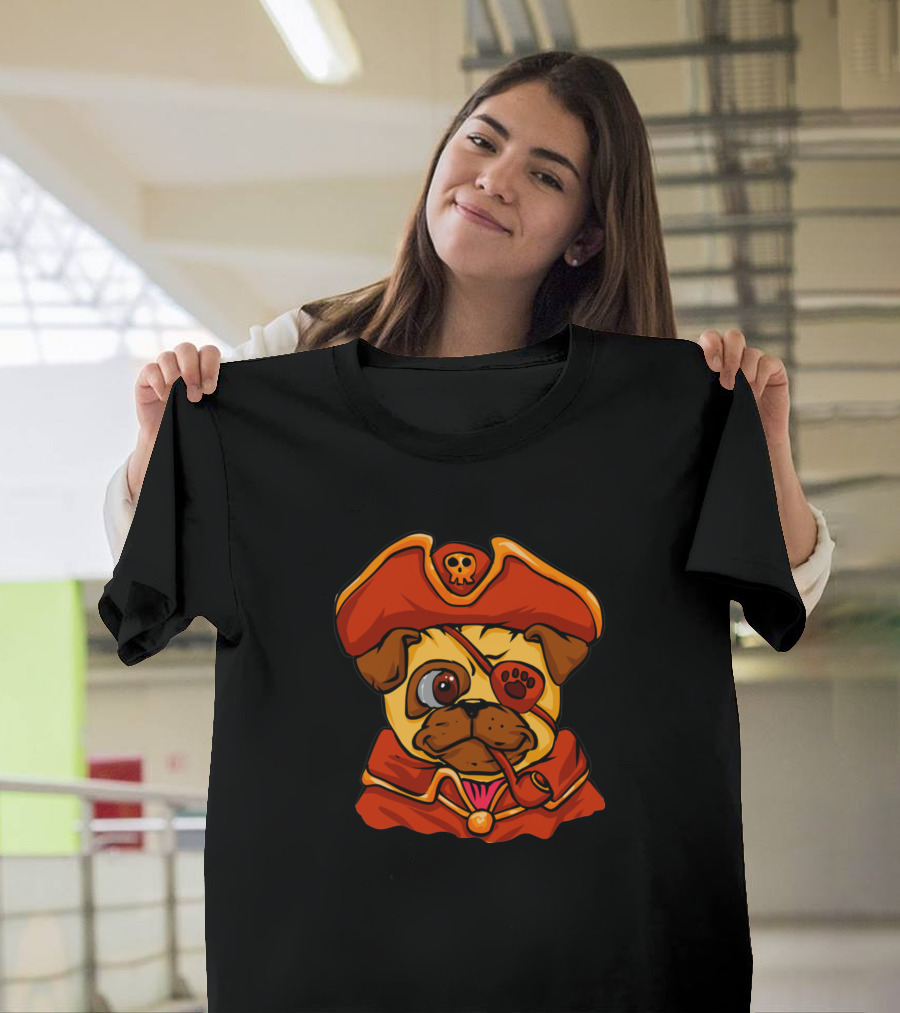 Pirate Pug with Eyepatch and Skull Hat T-Shirt