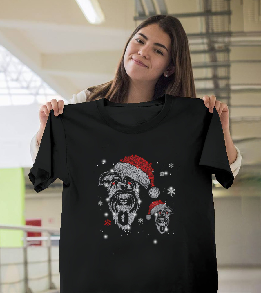 Schnauzer Christmas Santa Hat Sparkling Snowflakes T-Shirt