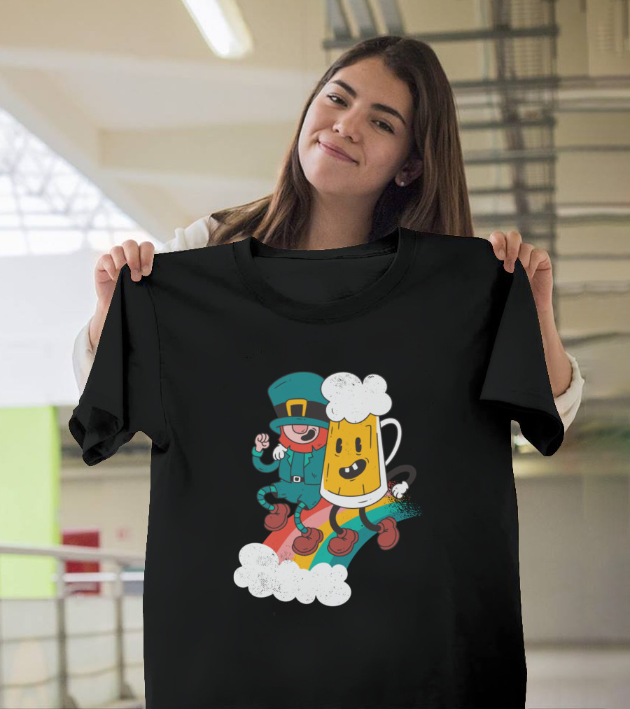 St Patricks Day Leprechaun Riding Beer Mug on Rainbow T-Shirt