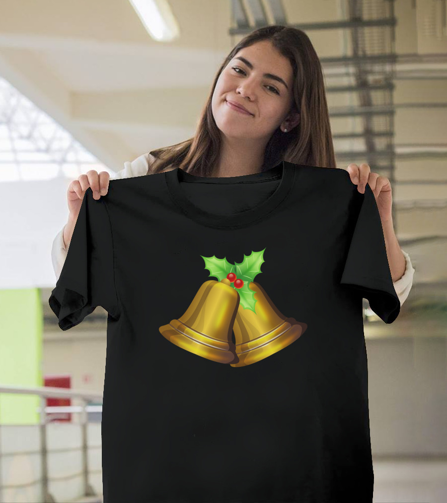 Christmas Bell Golden Jingle with Holly Leaves and Red Berries T-Shirt