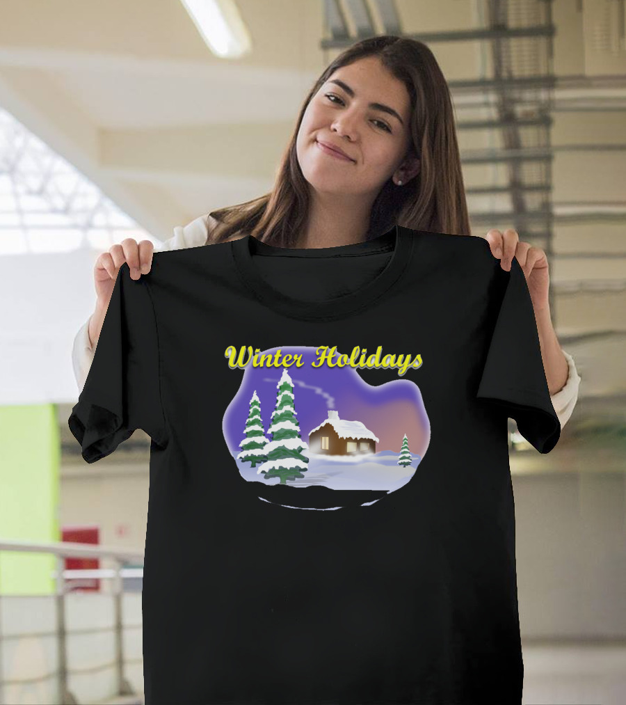 Winter Holidays Snowy Cabin and Pine Trees Scene T-Shirt