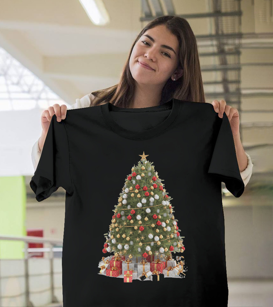Christmas Tree Presents Gold and Red Baubles T-Shirt