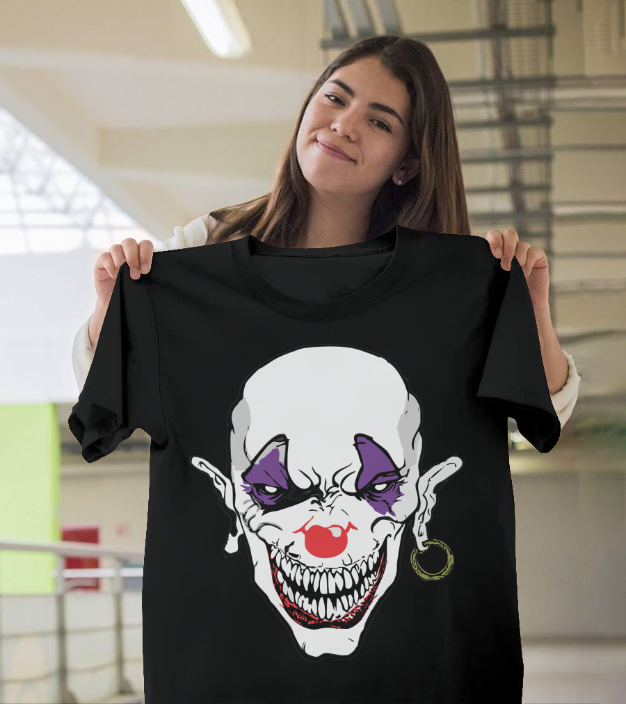Evil Clown Sinister Face White Makeup Red Nose Grinning Purple Eyes T-Shirt