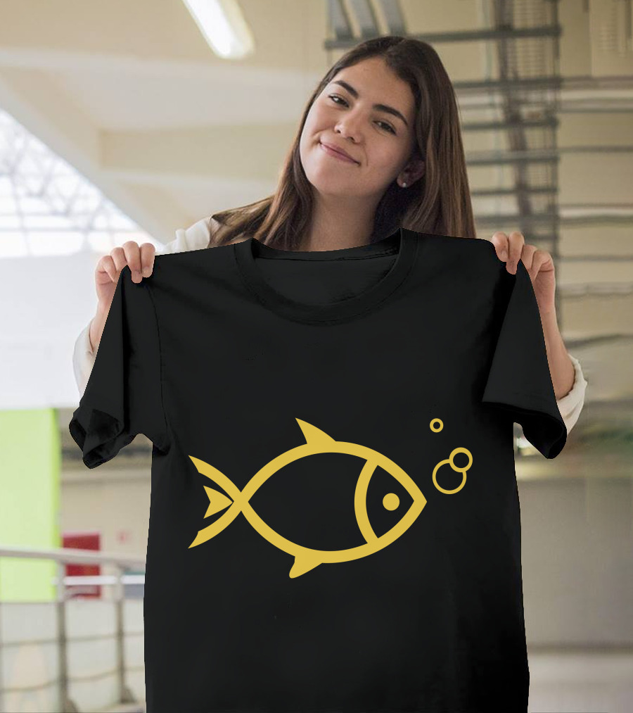 Gold Fish Minimalist Yellow Outline with Bubbles T-Shirt