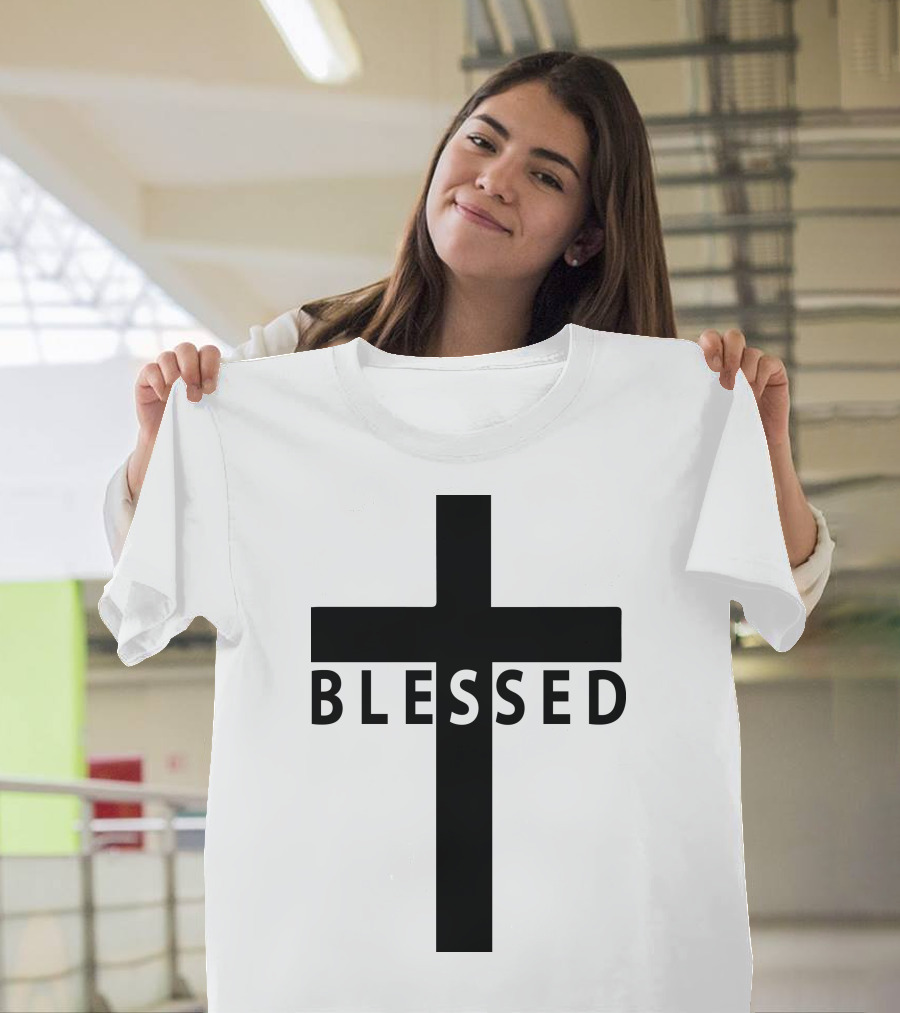 Blessed Text Overlay on Cross T-Shirt