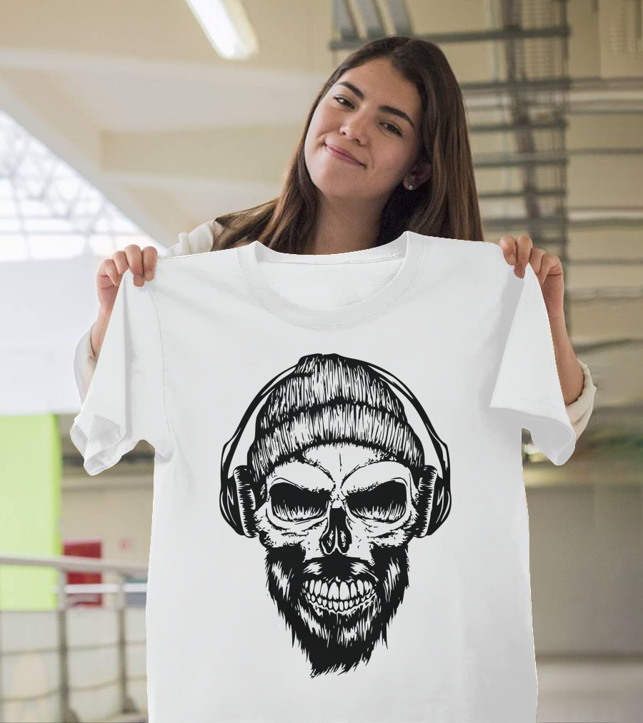 Hipster Skull with Headphones Beanie T-Shirt