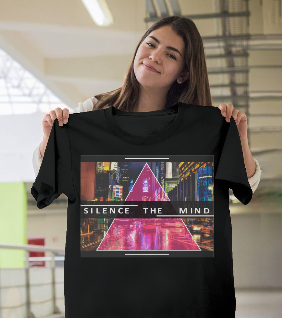 Silence The Mind Neon Cityscape Triangle Reflections T-Shirt