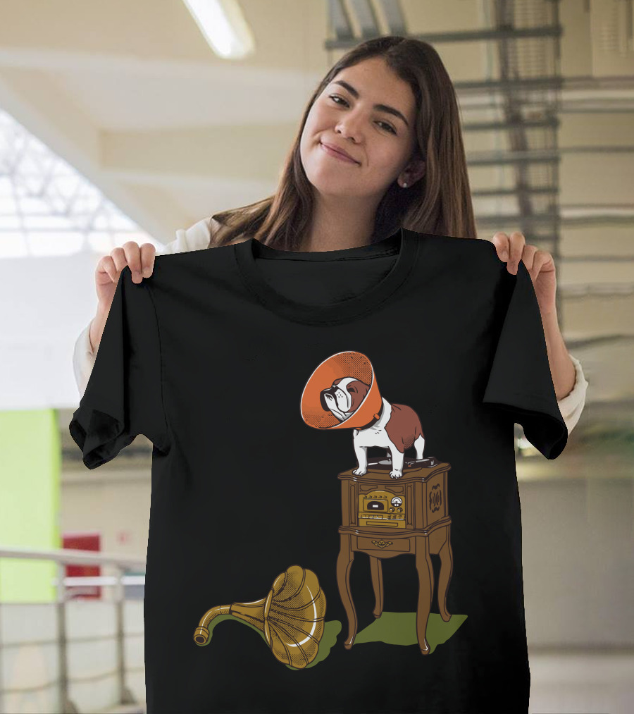 Gramodog Vintage Phonograph Bulldog with Cone Collar T-Shirt