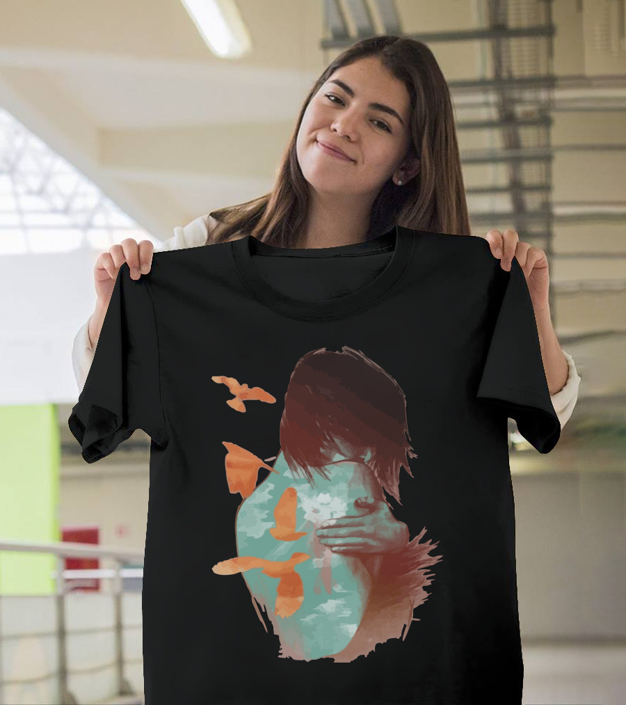 See It Through Embrace with Birds and Flowing Hair T-Shirt