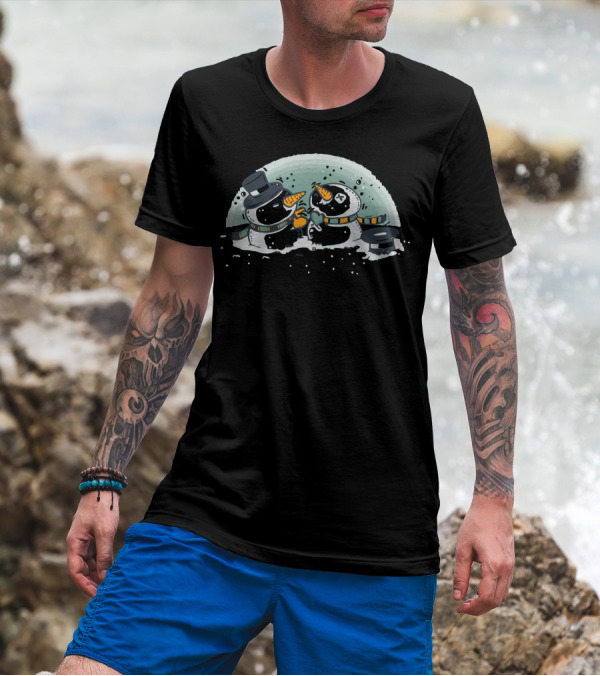 Snowball Fight Adorable Snowmen With Hats And Carrot Noses In Winter Scene T-Shirt