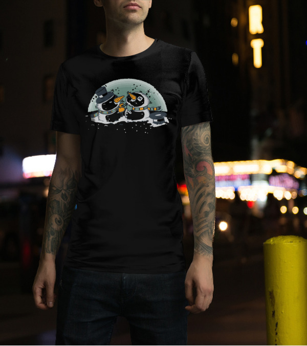 Snowball Fight Adorable Snowmen With Hats And Carrot Noses In Winter Scene T-Shirt