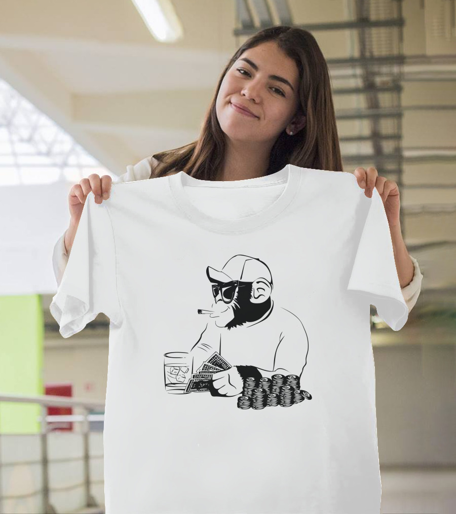 Chimp Poker Smoking Sunglasses Chips Cards T-Shirt