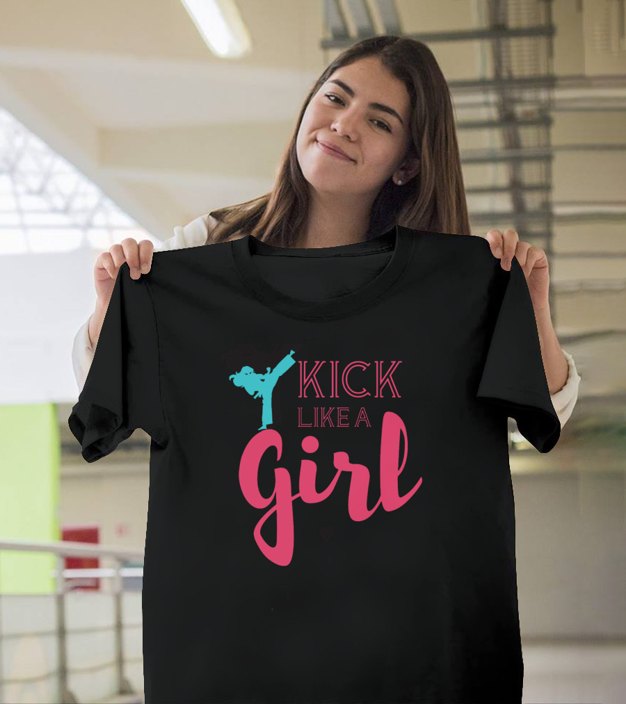 KICK LIKE A GIRL Teal Kicker Pink Script T-Shirt