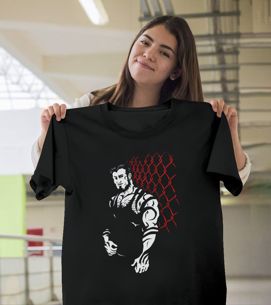 Tattoo Muscle Brute in Front of Red Chain Link Fence T-Shirt