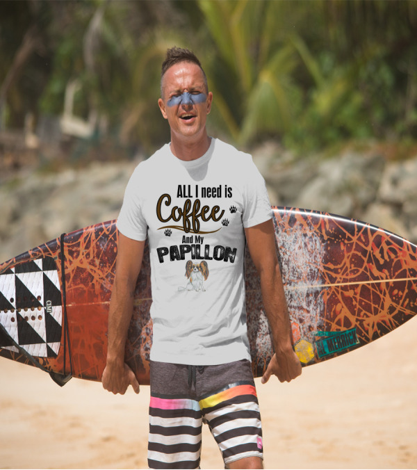 ALL I Need Is Coffee And My Papillon With Paw Prints And Papillon Dog Image T-Shirt