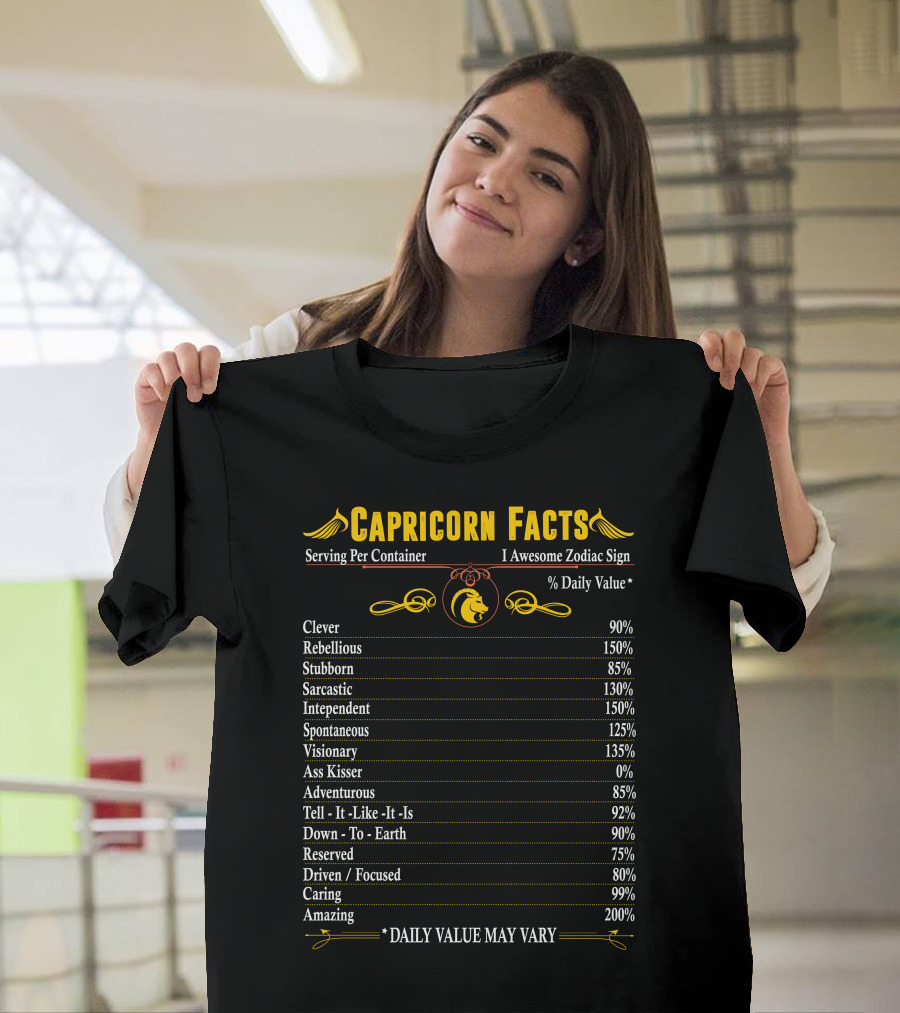 Capricorn Facts Clever Rebellious Stubborn Sarcastic Independent Visionary Adventurous Down-To-Earth Driven Caring Amazing Zodiac Sign T-Shirt
