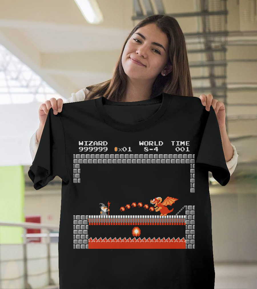 WIZARD WORLD 8-4 TIME 001 Fly You Fools Retro Video Game Lava Dragon Scene T-Shirt