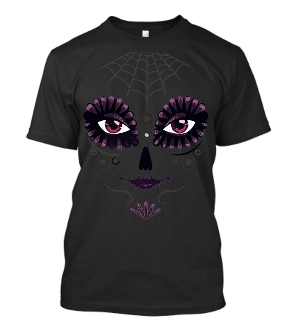 Girl Day Of The Dead Sugar Skull Face With Spider Web And Floral Accents T-Shirt