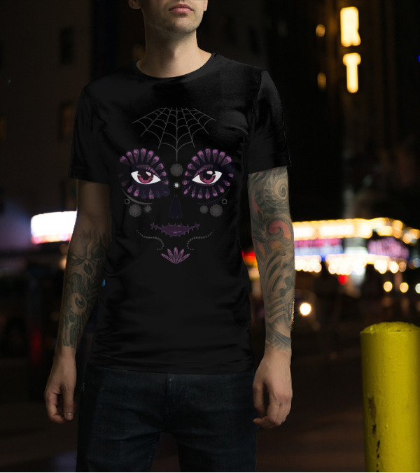 Girl Day Of The Dead Sugar Skull Face With Spider Web And Floral Accents T-Shirt