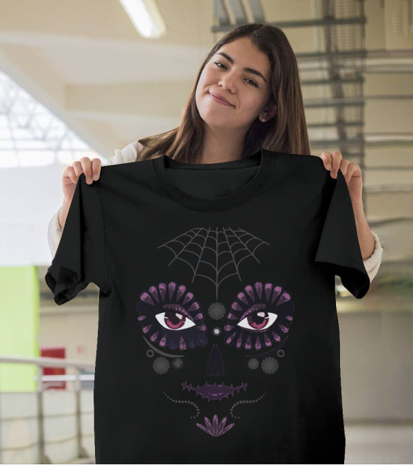 Girl Day Of The Dead Sugar Skull Face With Spider Web And Floral Accents T-Shirt