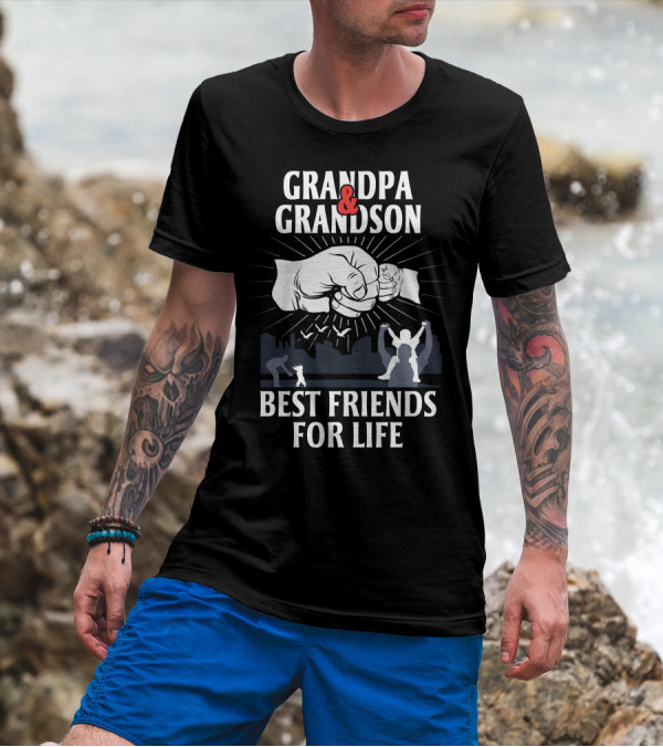 Grandpa And Grandson Fist Bump Best Friends For Life With Silhouetted Playful Scenes T-Shirt