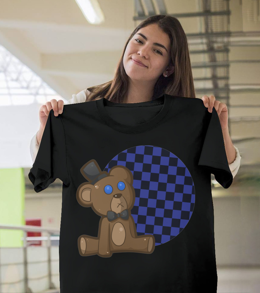 Freddy Plushie Cute Bear with Top Hat and Bow Tie on Checkered Circle Background T-Shirt