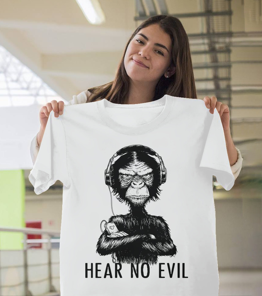 Hear No Evil Monkey Listening to Music with Headphones T-Shirt