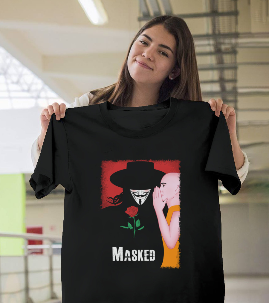 Masked Guy Fawkes and Young Monk with Red Rose T-Shirt