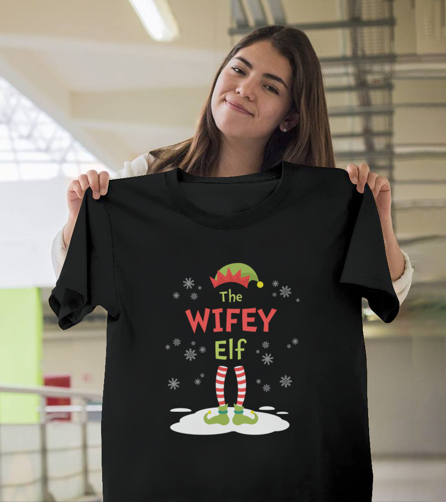 The Wifey Elf Funny Merry Christmas Family Matching Snowflakes Hat Striped Socks T-Shirt
