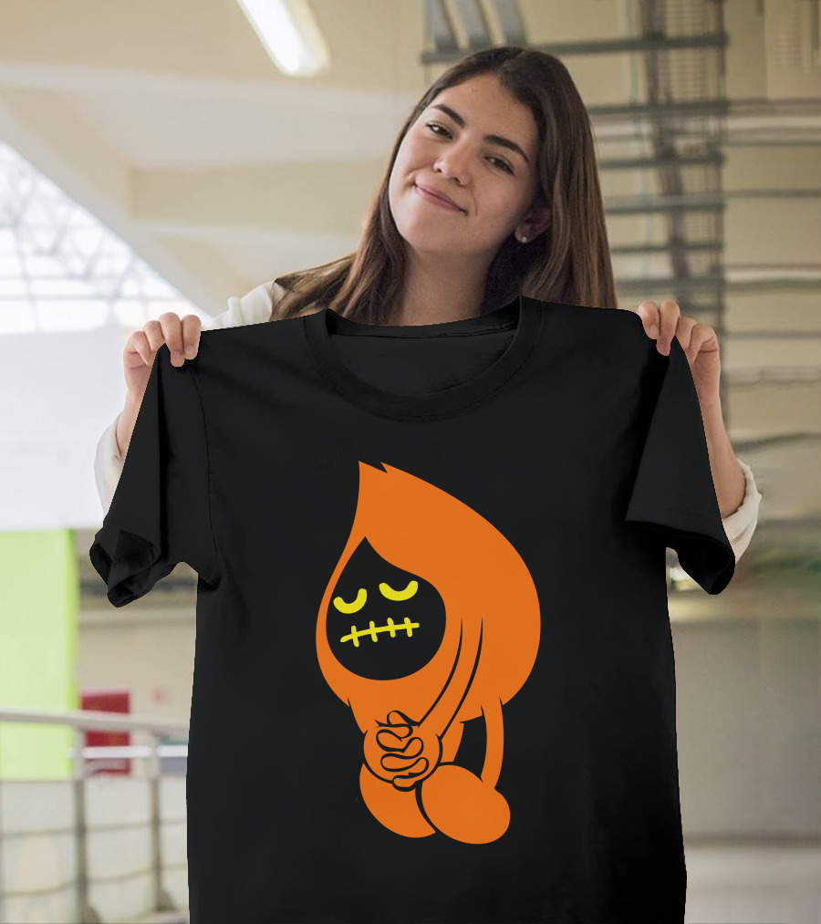Sad Inker Tearful Teardrop Character in Black and Orange T-Shirt