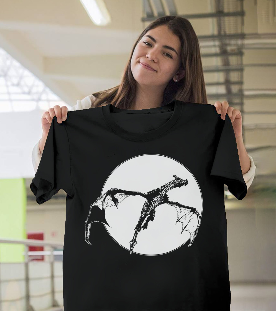 There Be Dragons Flying Against Full Moon T-Shirt