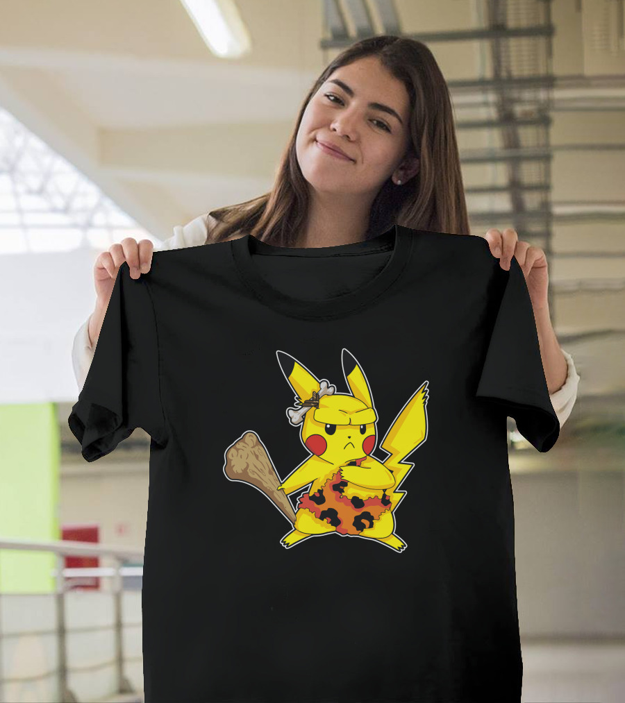 Caveman Pikachu with Club and Flintstones-Style T-Shirt