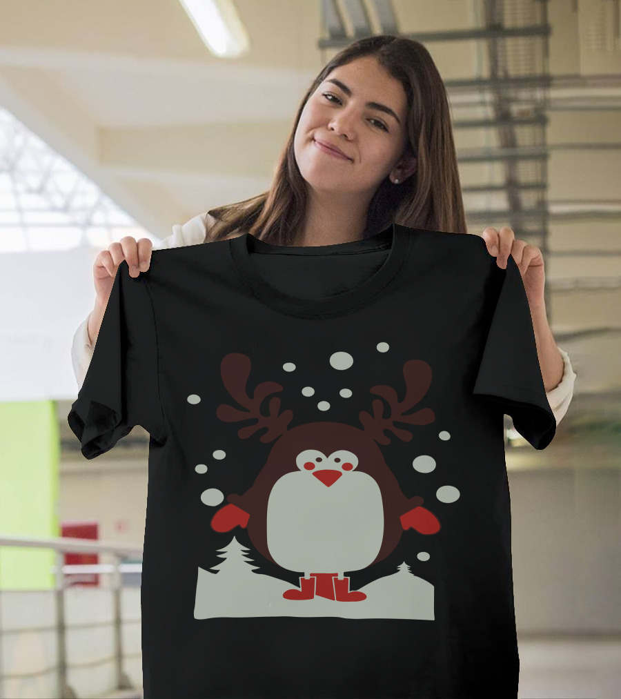 Christmas Santa Reindeer Penguin Winter Scene T-Shirt