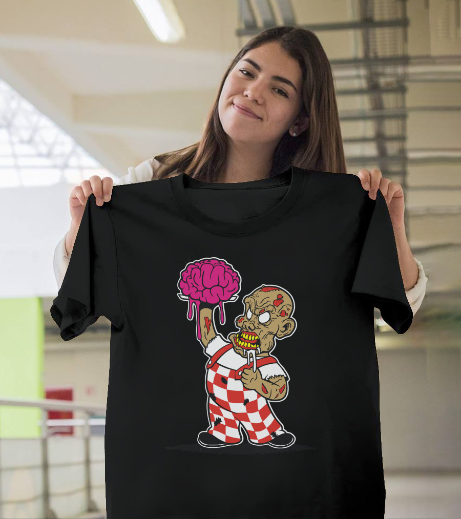 Zombified Big Boy Holding Brain in Red Checkered Overalls T-Shirt