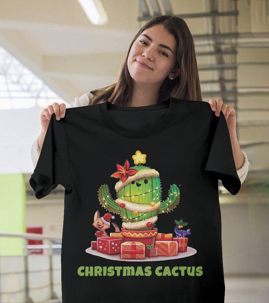Christmas Cactus with Festive Animals and Holiday Gifts T-Shirt