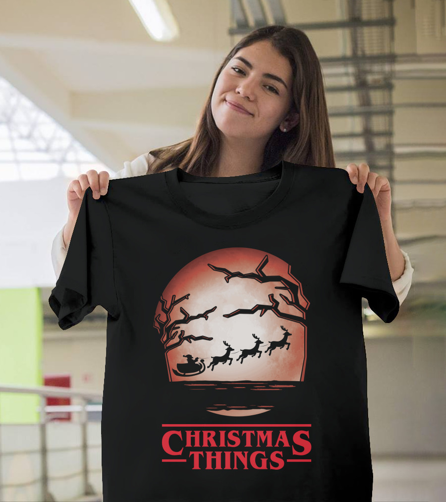 Christmas Things Santa Sleigh Silhouetted Against Red Moon with Trees T-Shirt