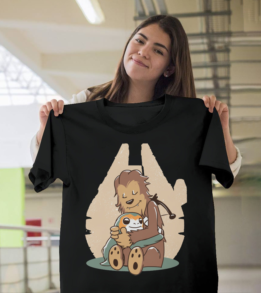 Calvin And Hobbes Millennium Falcon Chewbacca Porg Hug T-Shirt