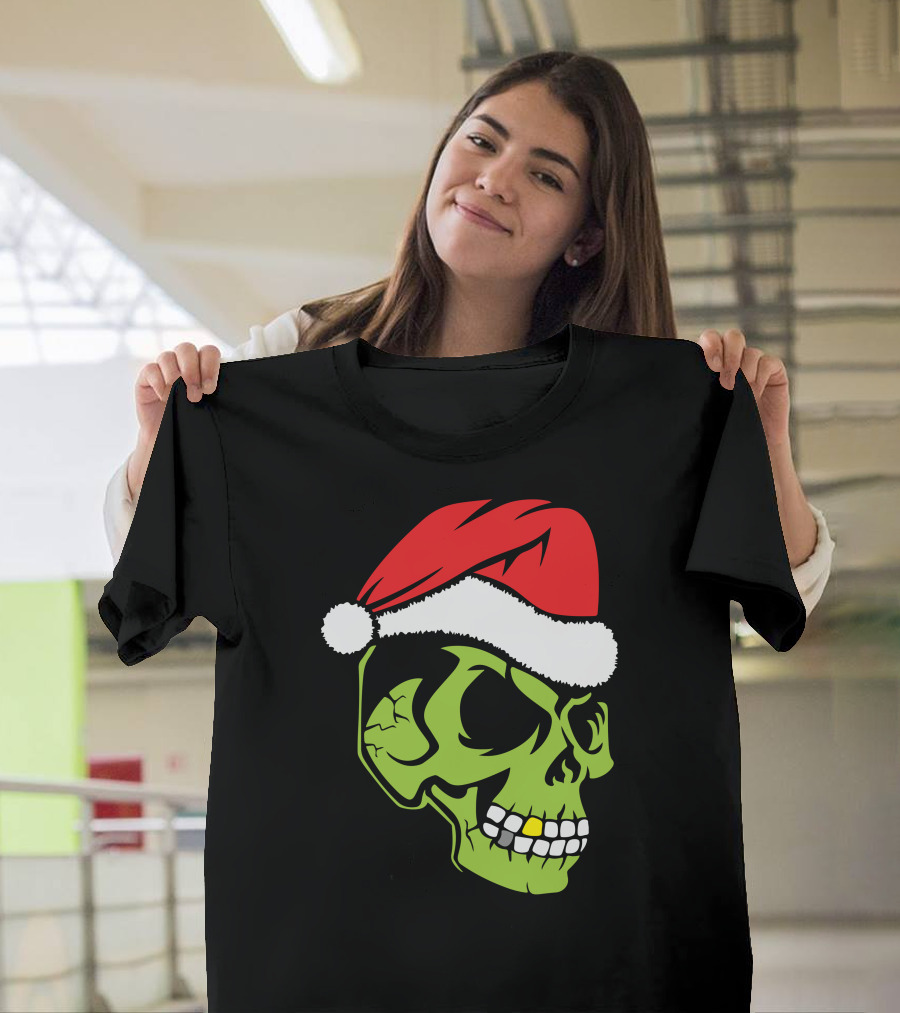 Gold Tooth Green Skull Wearing Santa Hat T-Shirt