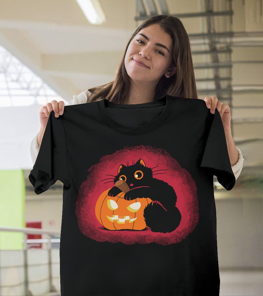 Meeooween Black Cat with Glowing Pumpkin Halloween T-Shirt